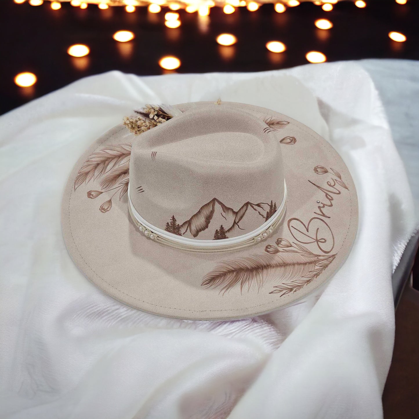 Cowgirl Bride - Bridal Themed Burned Wide Brim Hat