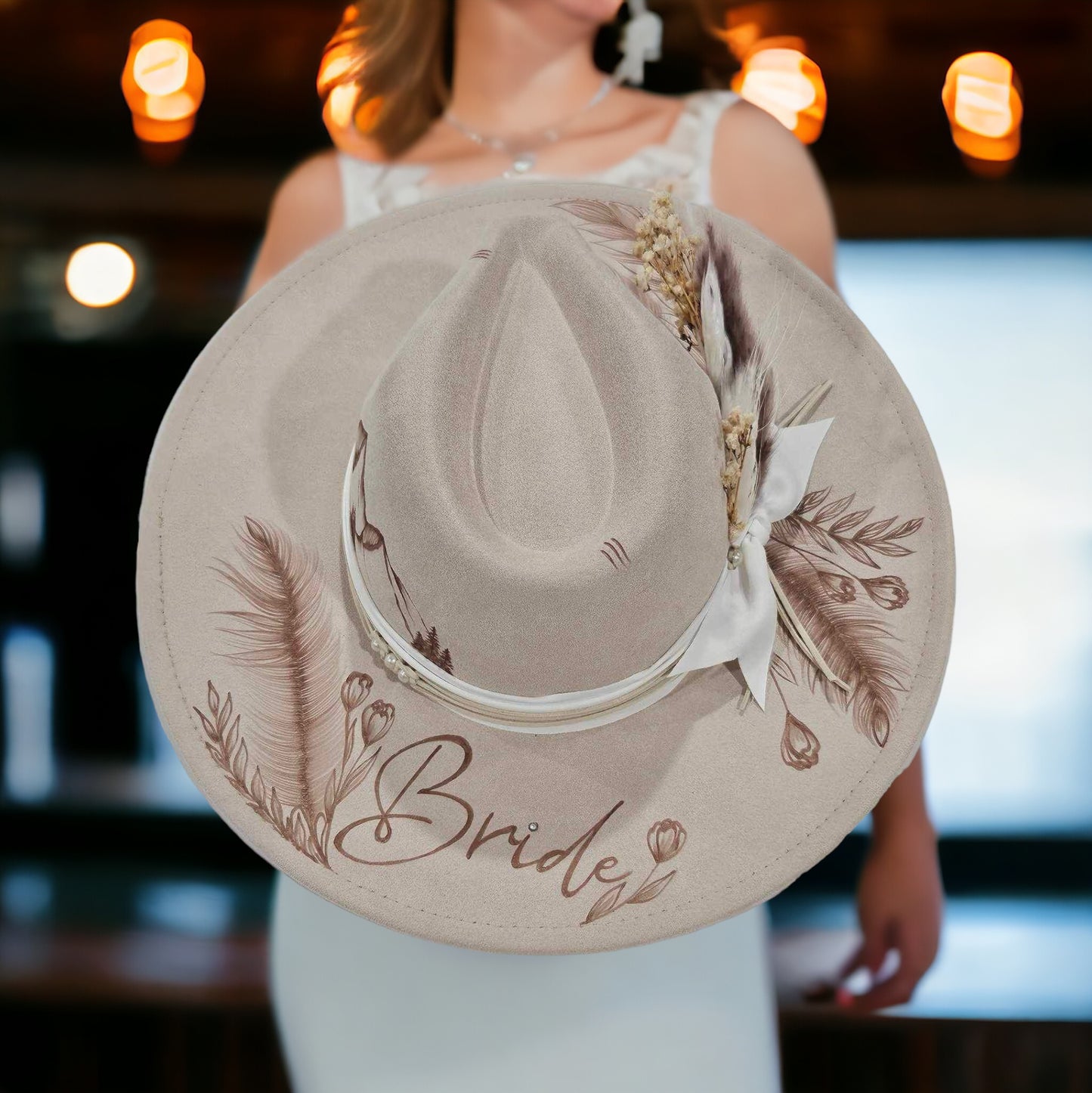Cowgirl Bride - Bridal Themed Burned Wide Brim Hat