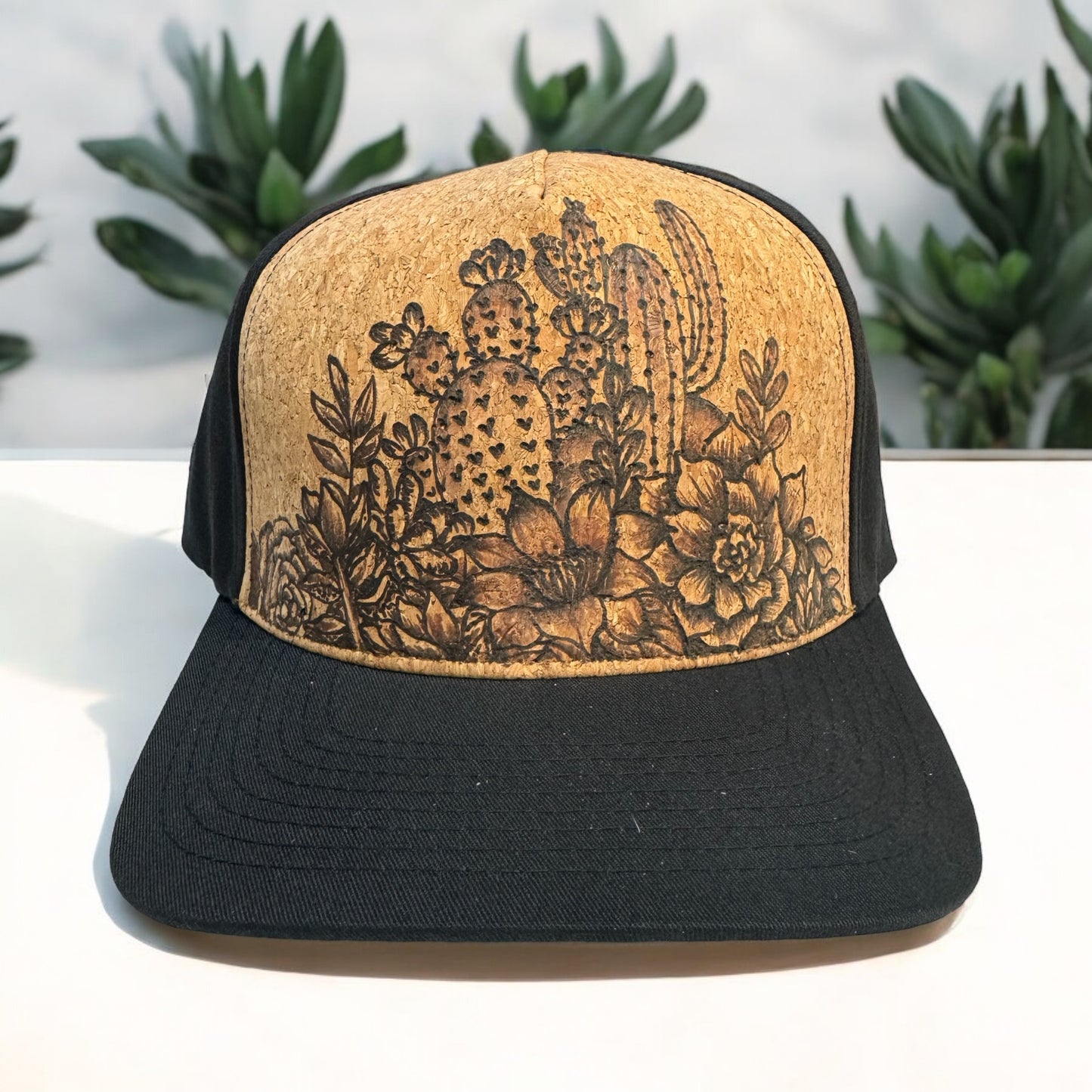 Cactus & Jade Flower - Burned Cork Trucker Hat