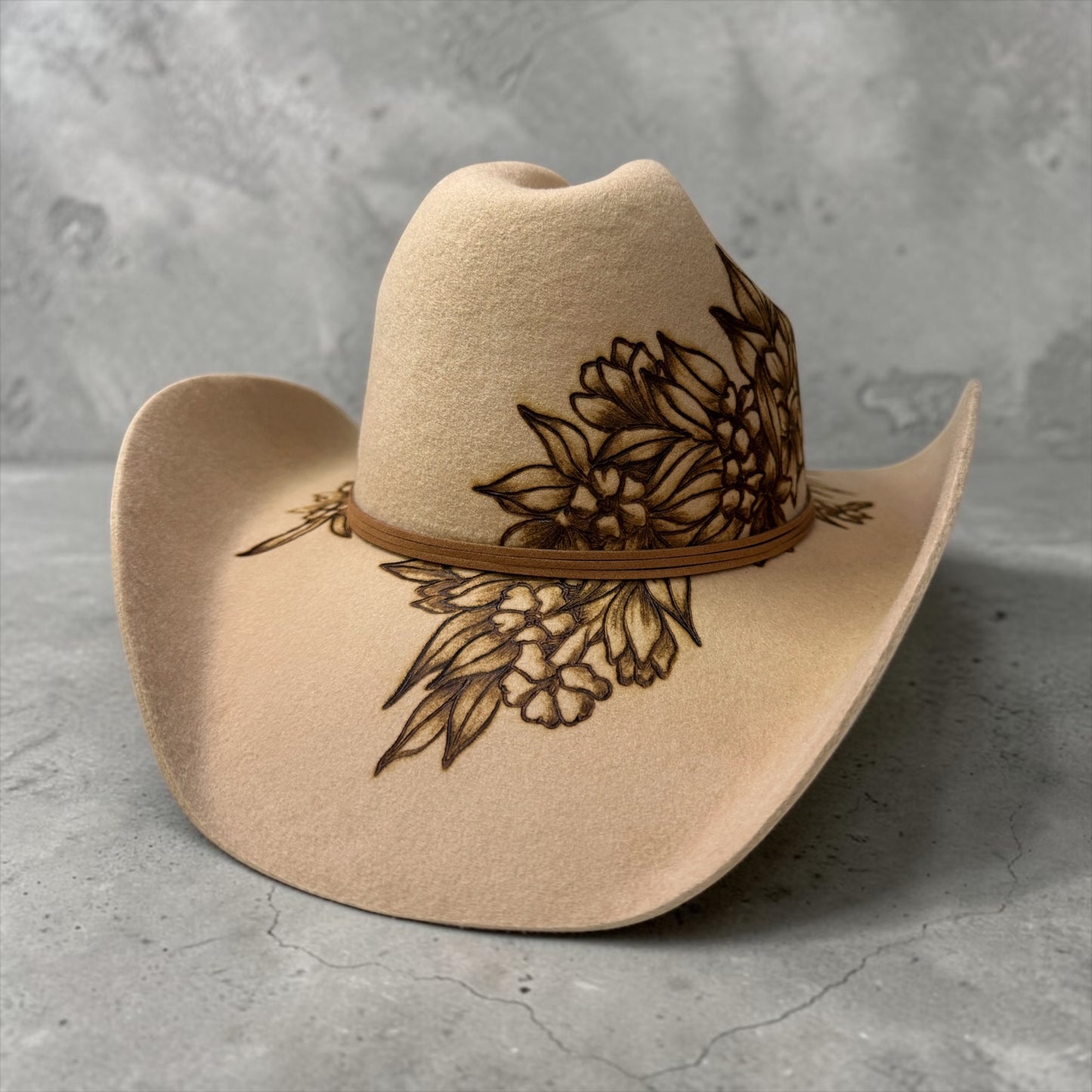 Lei Maile and Puakenikeni Mix- Burned Australian Wool Cowboy Hat