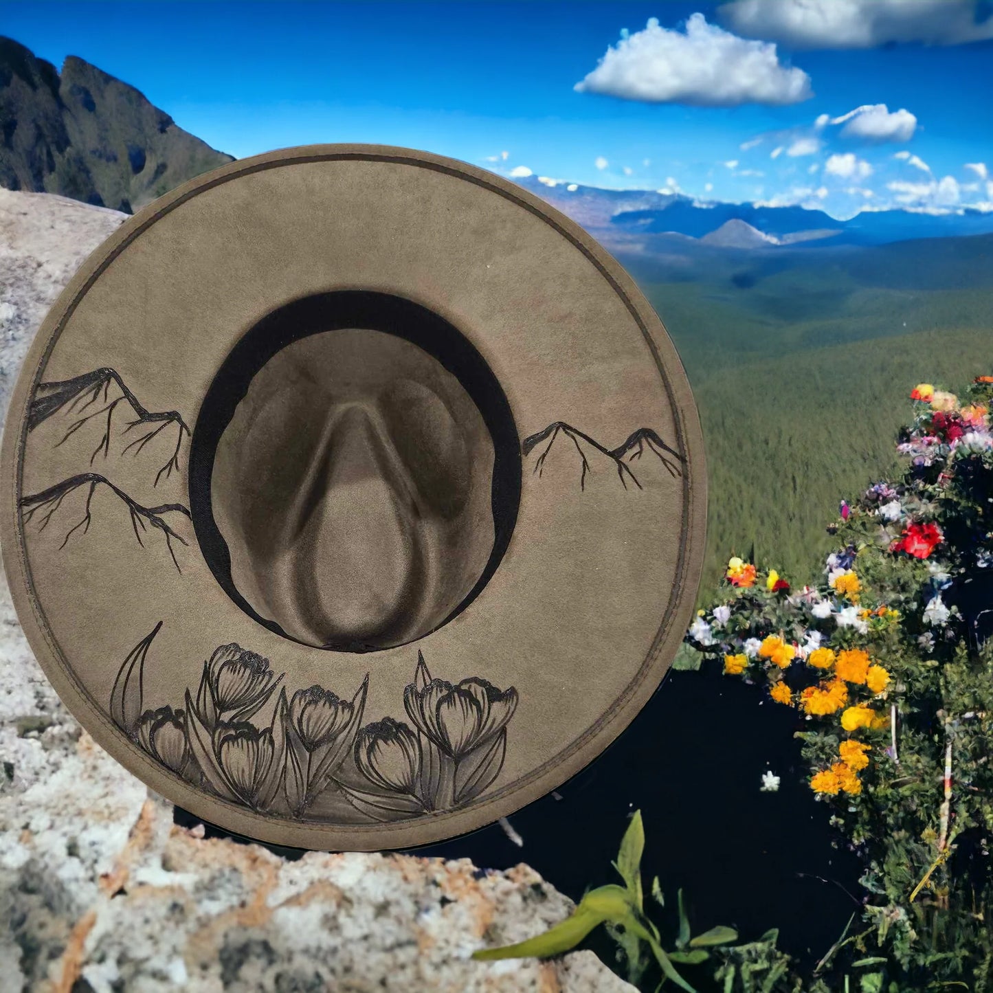 Ridges & Roses- Burned Wide Brim Hat