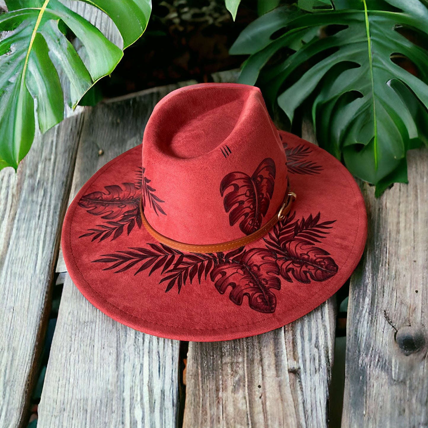 Monstera Deleciosa in Rust- Burned Wide Brim Hat