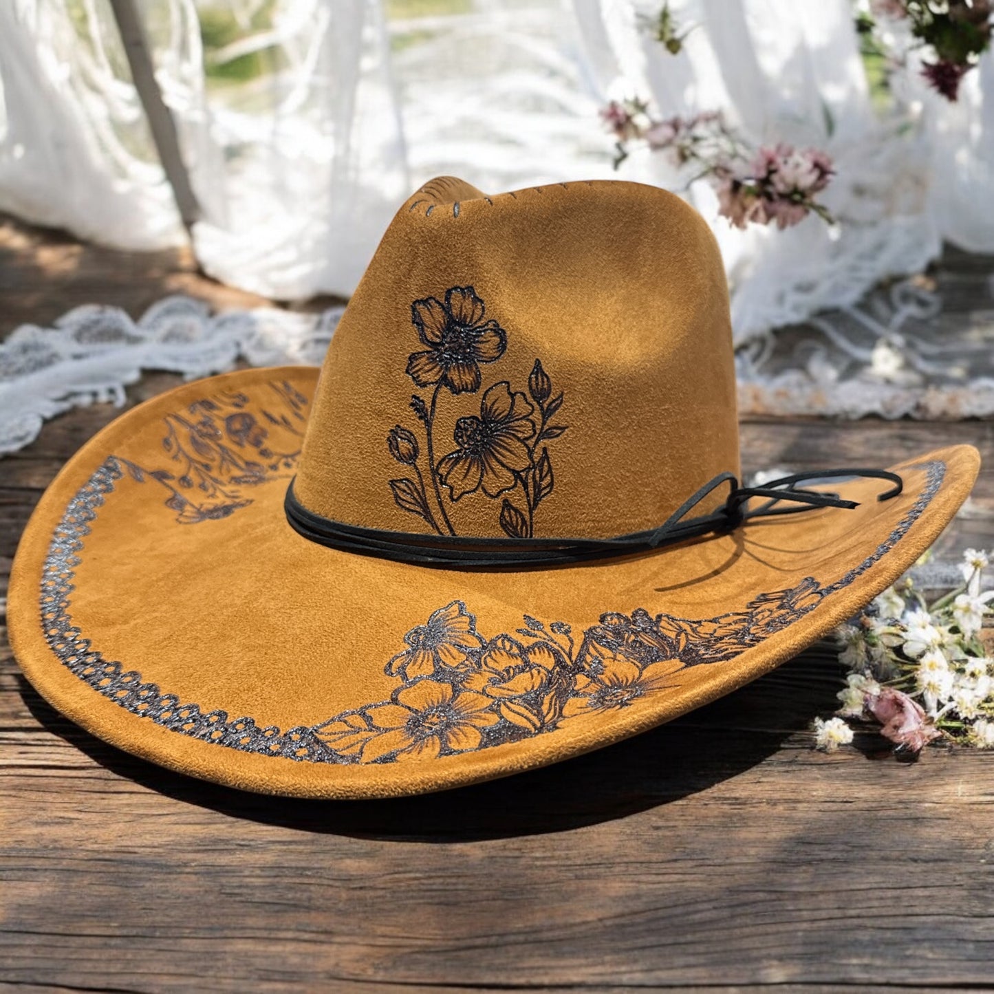 Wildflowers & Lace - Burned (Swoop Style) Cowboy Hat