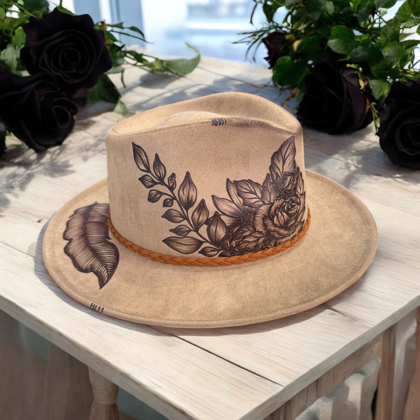 Black Rose Bloom- Burned Short Brim Rancher Hat