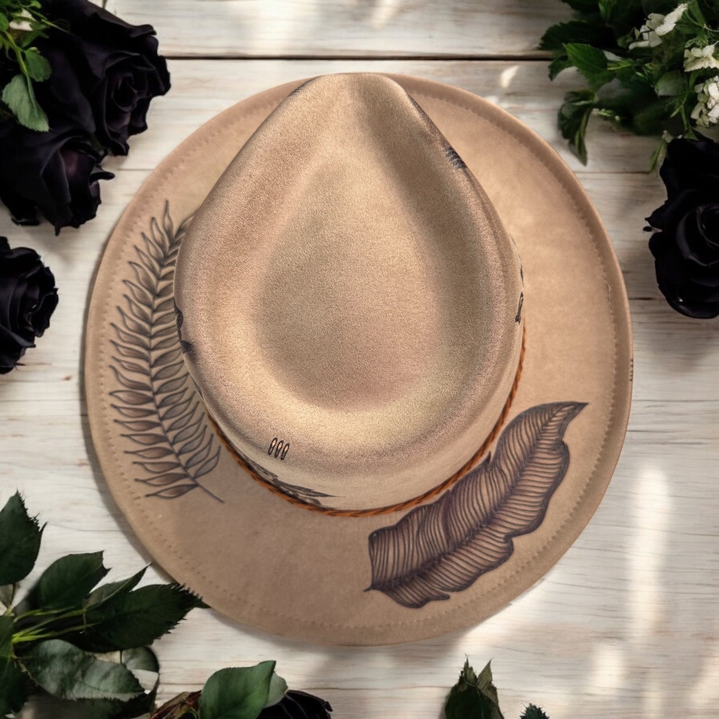 Black Rose Bloom- Burned Short Brim Rancher Hat