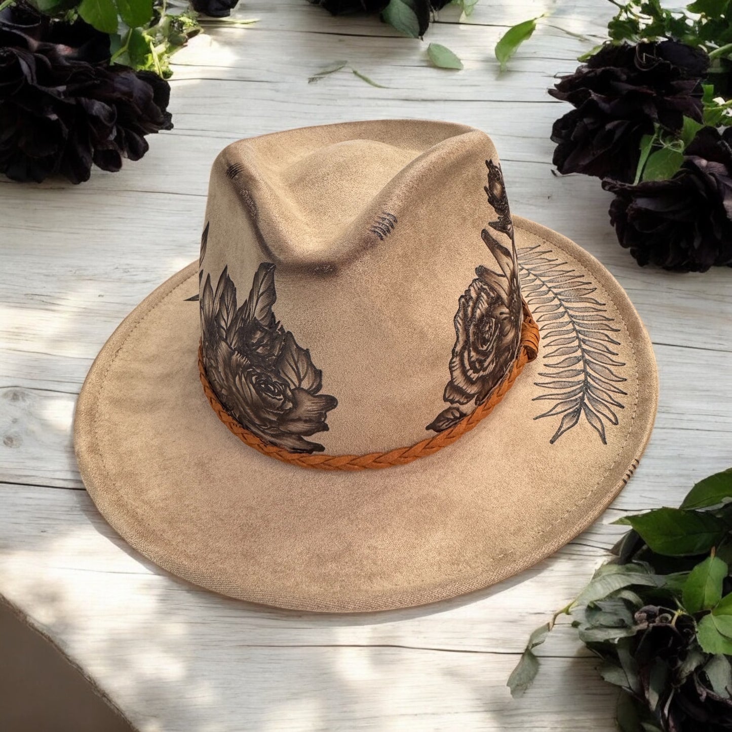 Black Rose Bloom- Burned Short Brim Rancher Hat