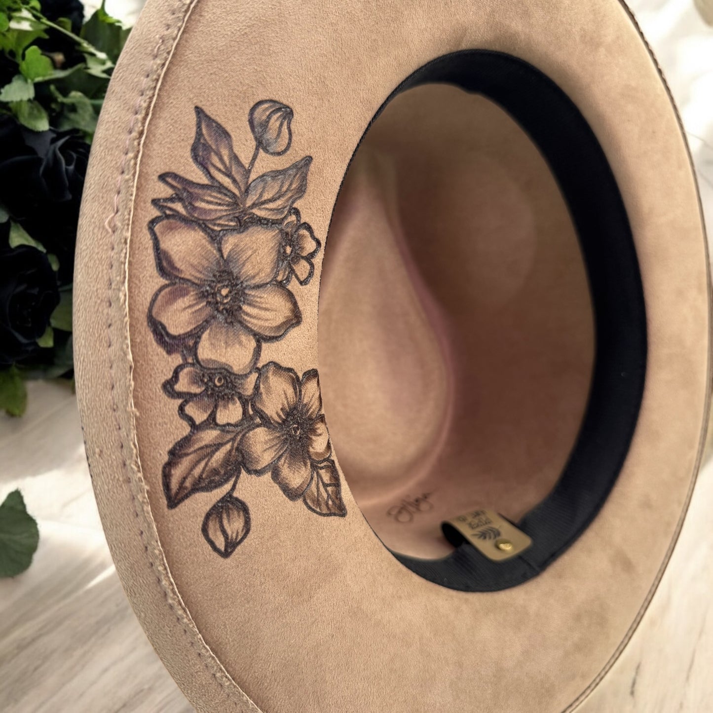 Black Rose Bloom- Burned Short Brim Rancher Hat