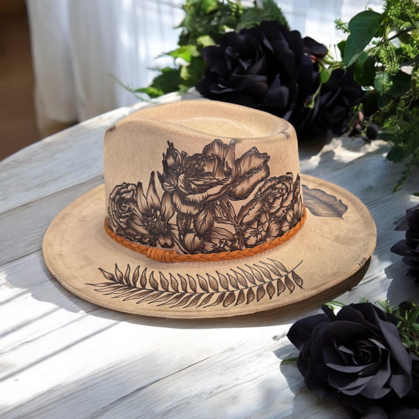 Black Rose Bloom- Burned Short Brim Rancher Hat