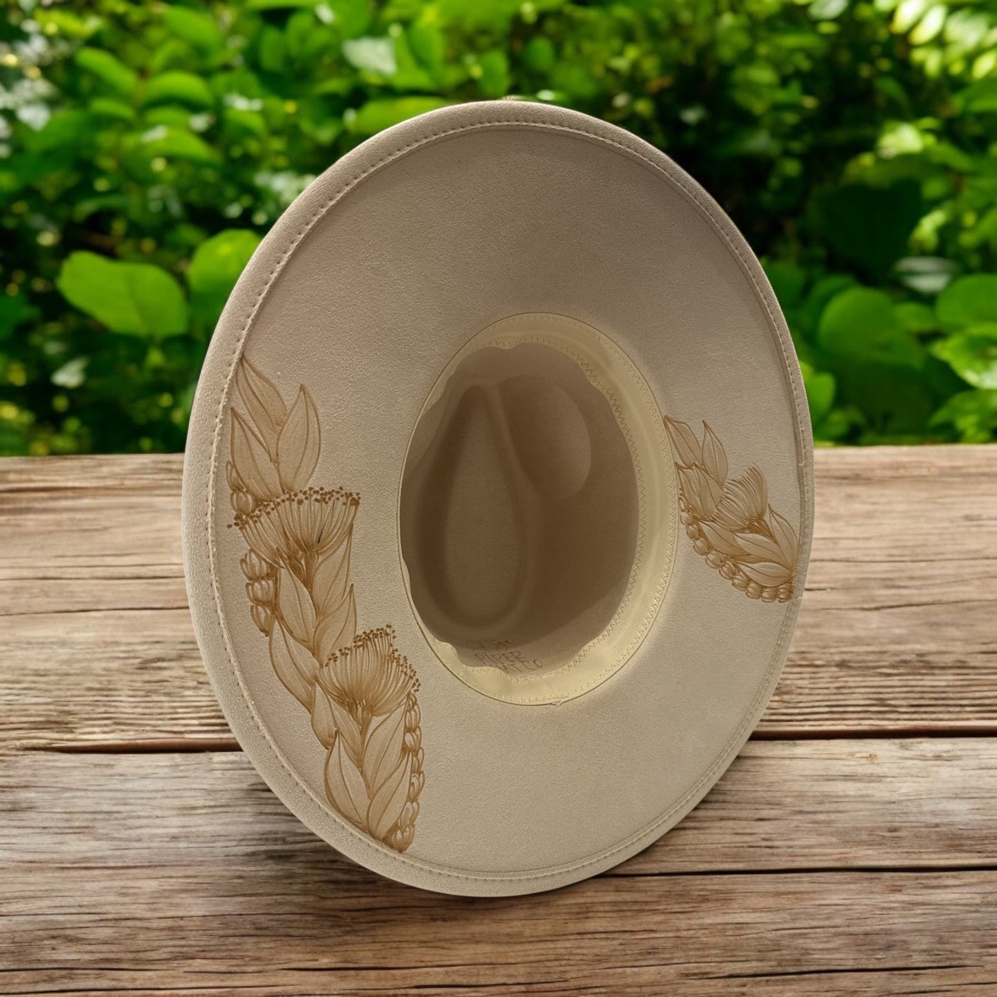 Lei Maile with Lehua Blossoms and Pikake - Burned Wide Brim Hat