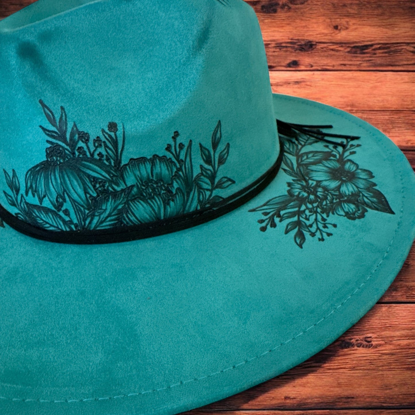 Wildflowers in Teal - Burned Wide Brim Hat