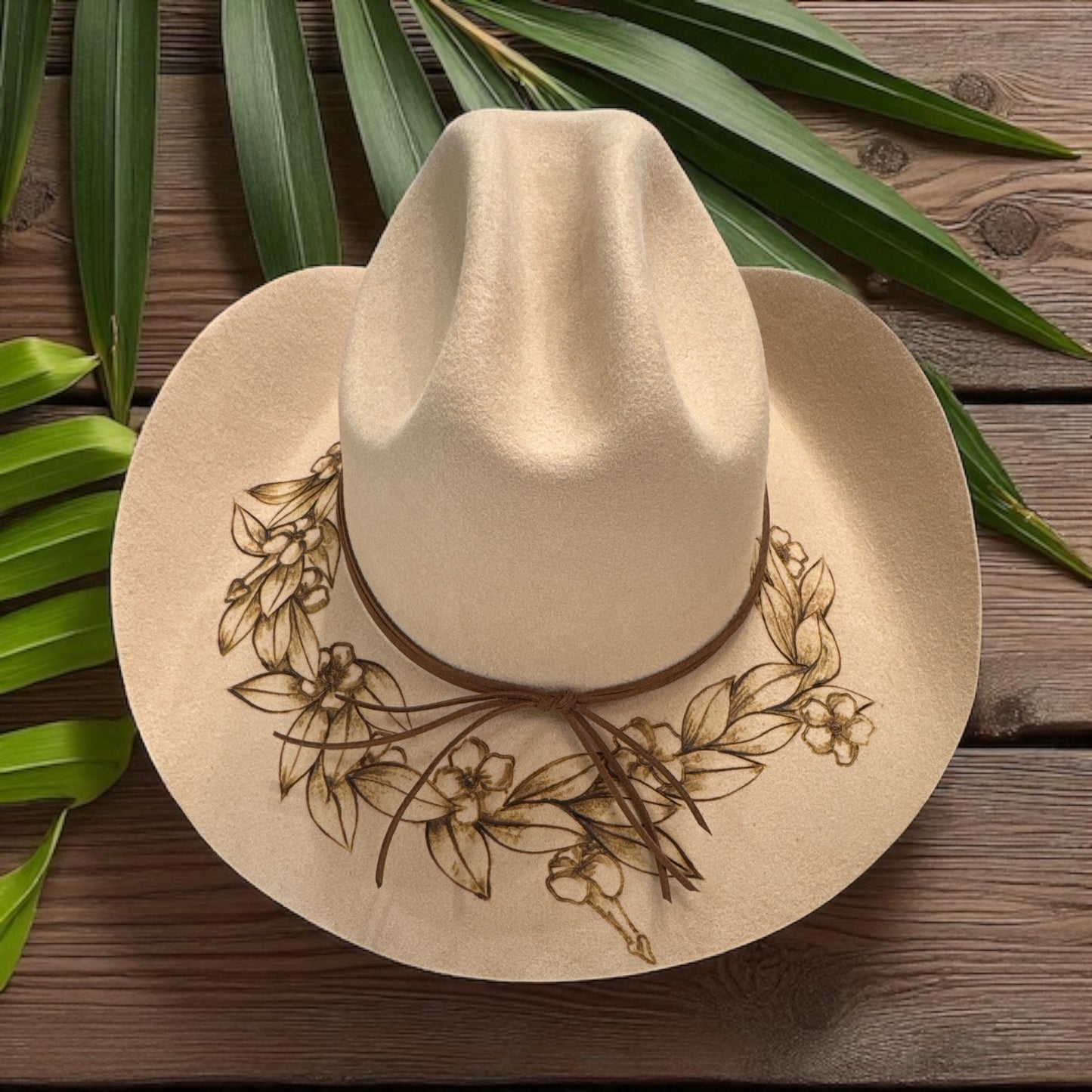 Lei Maile and Puakenikeni - Burned Australian Wool Cowboy Hat