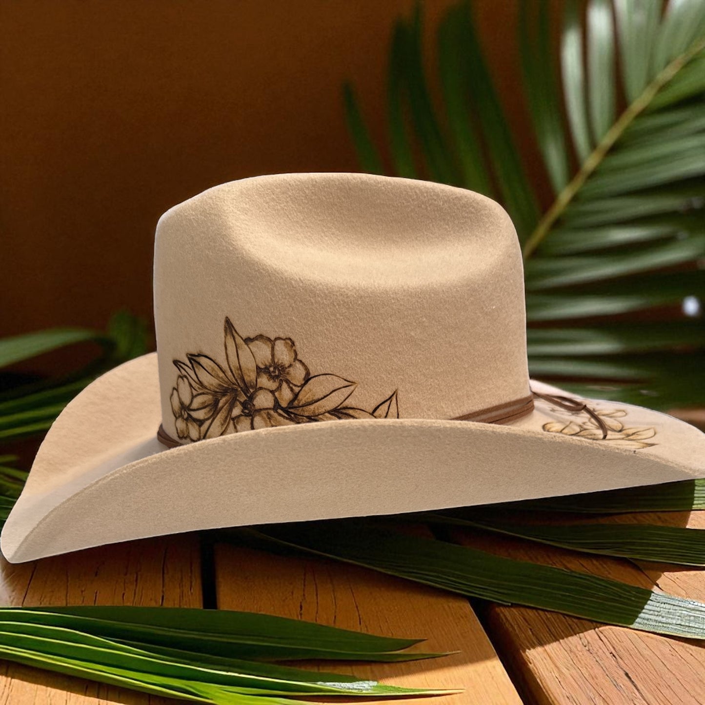 Lei Maile and Puakenikeni - Burned Australian Wool Cowboy Hat