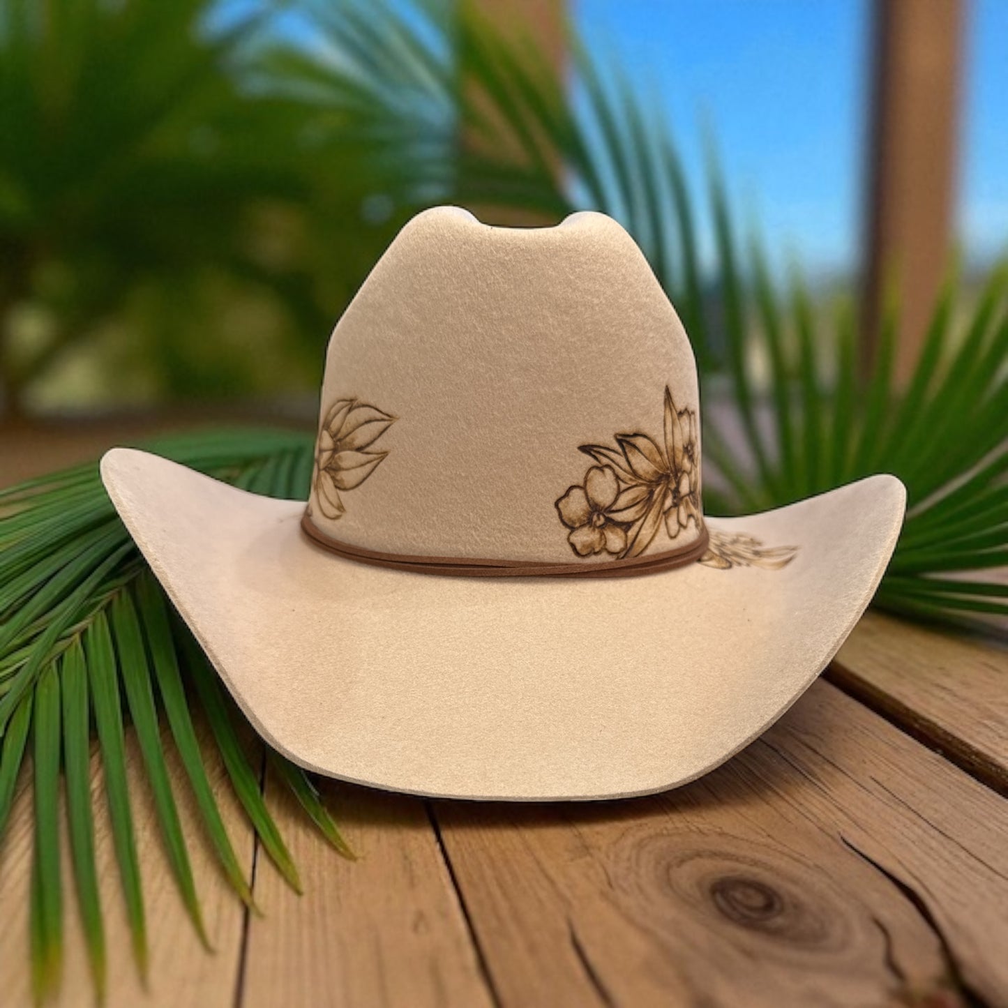 Lei Maile and Puakenikeni - Burned Australian Wool Cowboy Hat