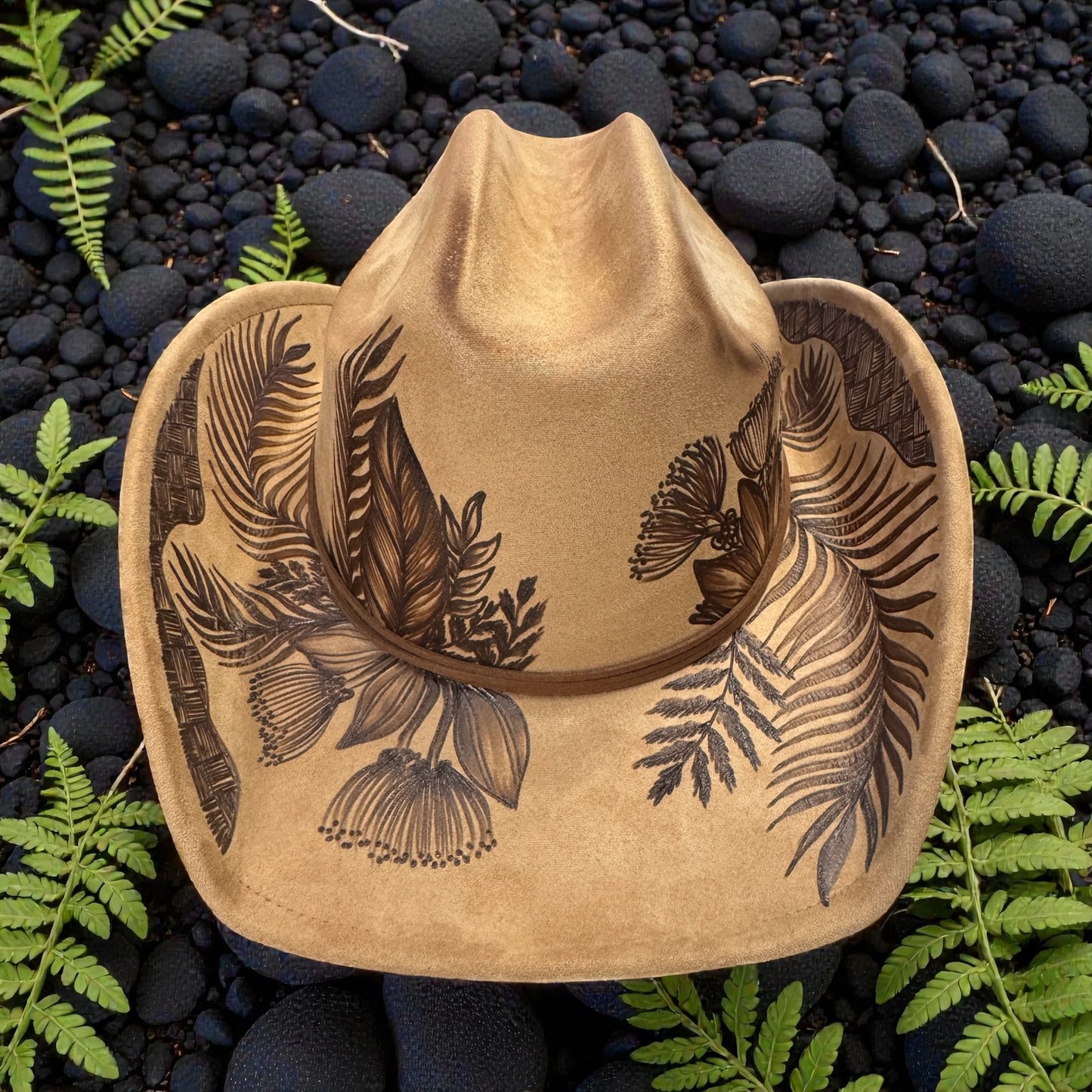 Ohia Lehua & Ferns - Burned Cattleman Cowboy Hat