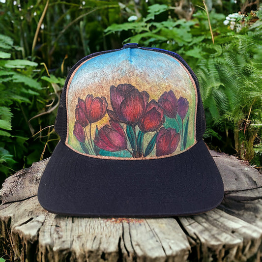 Ember Petals- Burned and Hand Painted Cork Trucker Hat