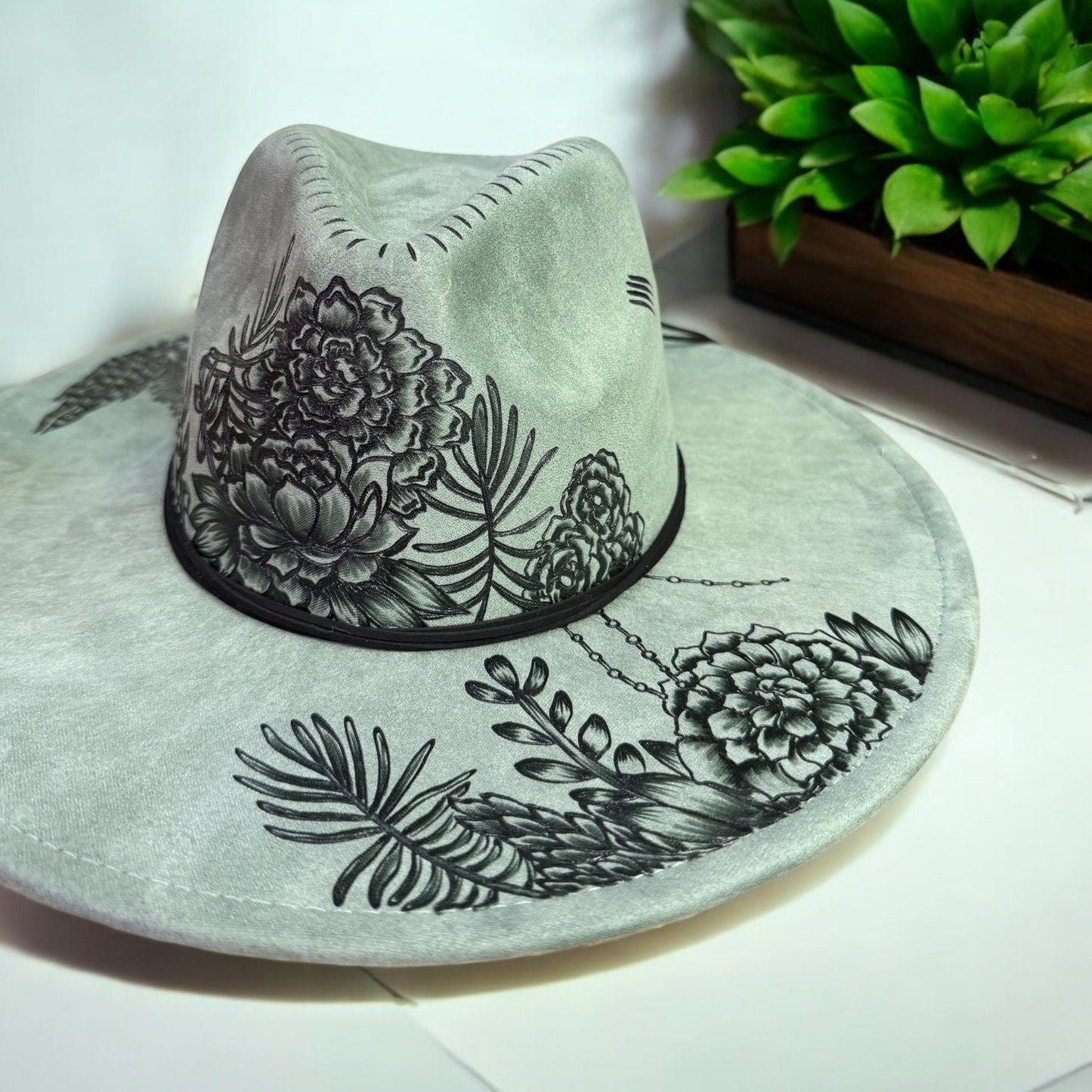 Jade- Burned Wide Brim Hat