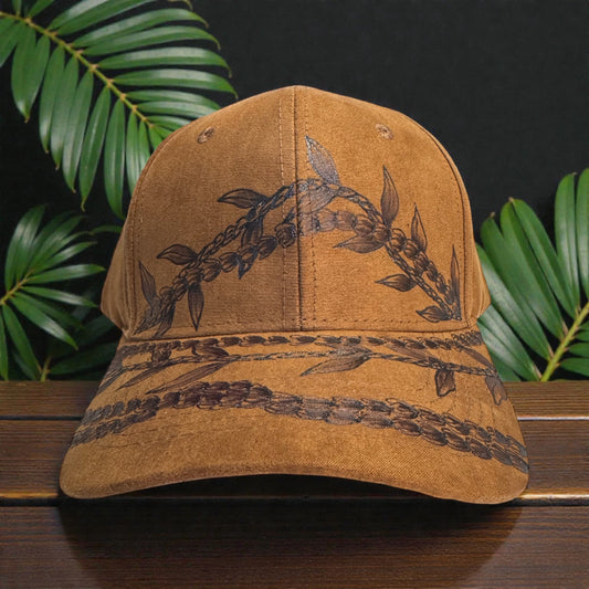 Pikake (Jasmine flower) & Ti-Leaf Lei -Burned Suede Baseball Cap
