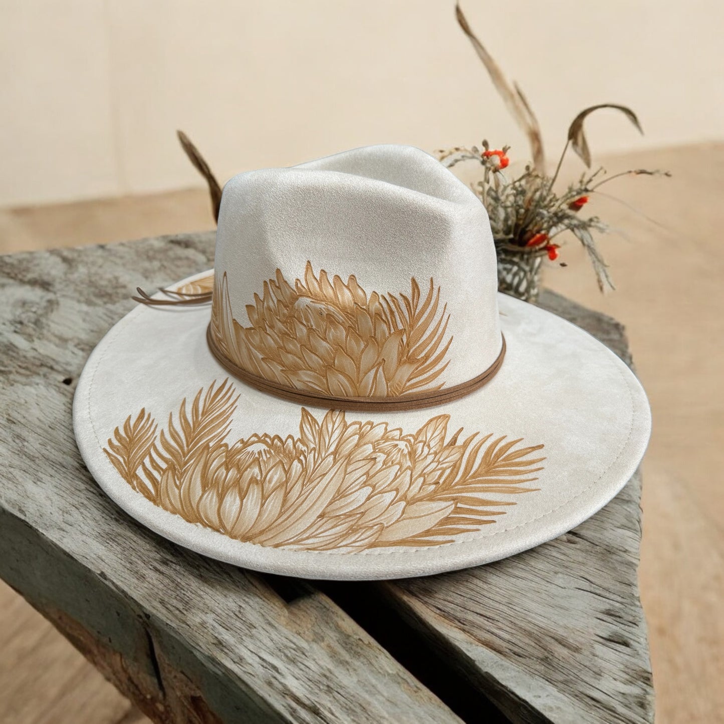 Queen Protea - Burned Wide Brim Hat