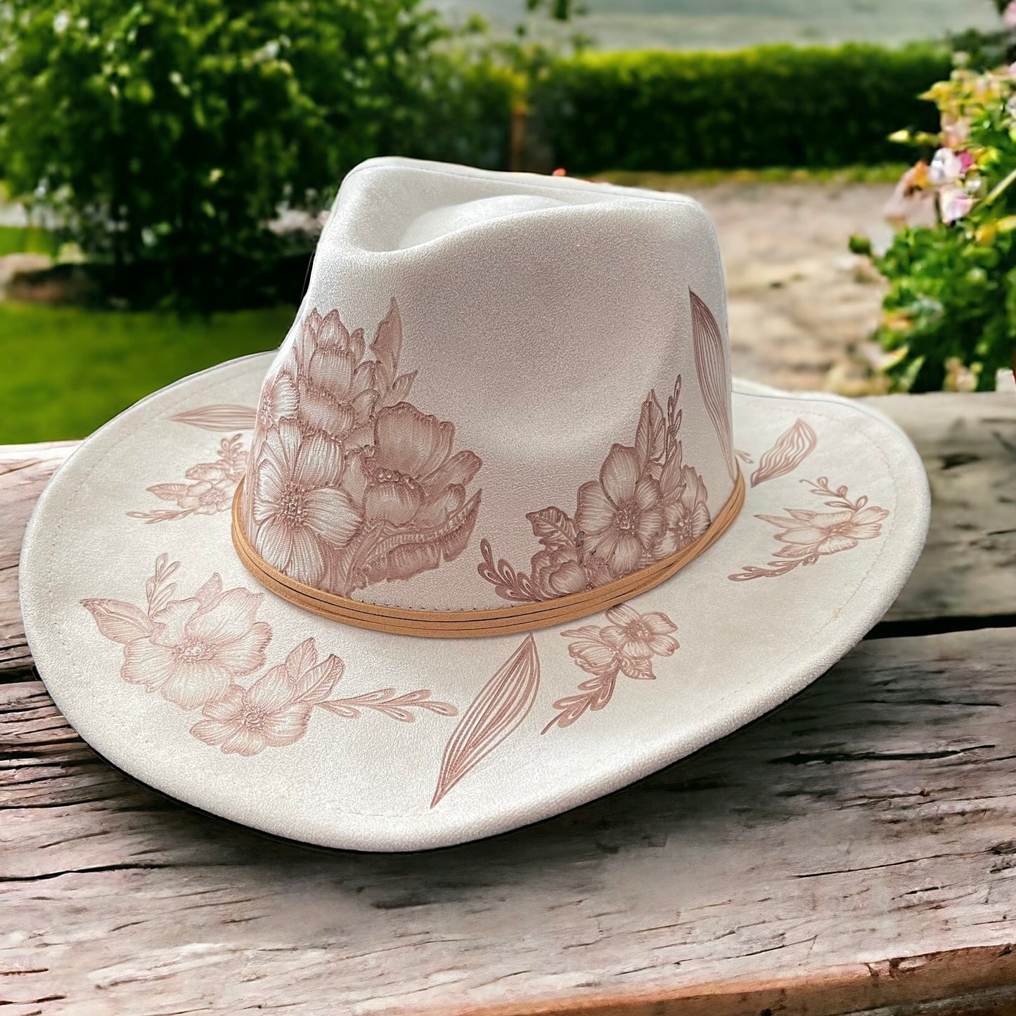 Petals on the Porch- Burned Small Brim Cowboy Style Hat