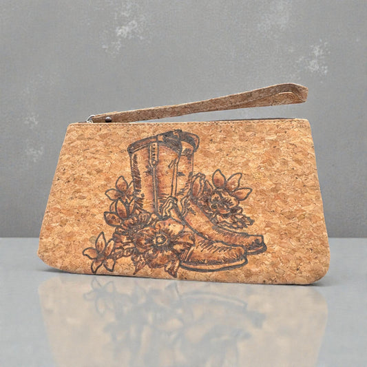 Boots & Blooms - Burned(Large) Cork Wristlet