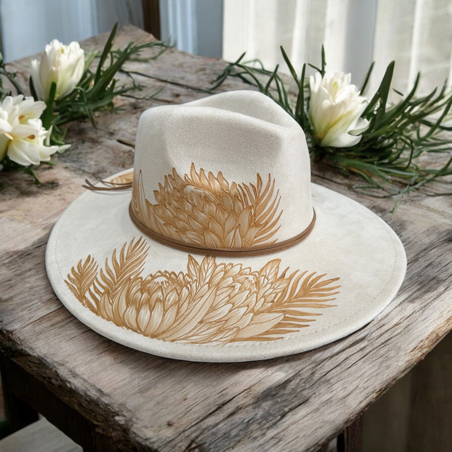 Queen Protea - Burned Wide Brim Hat