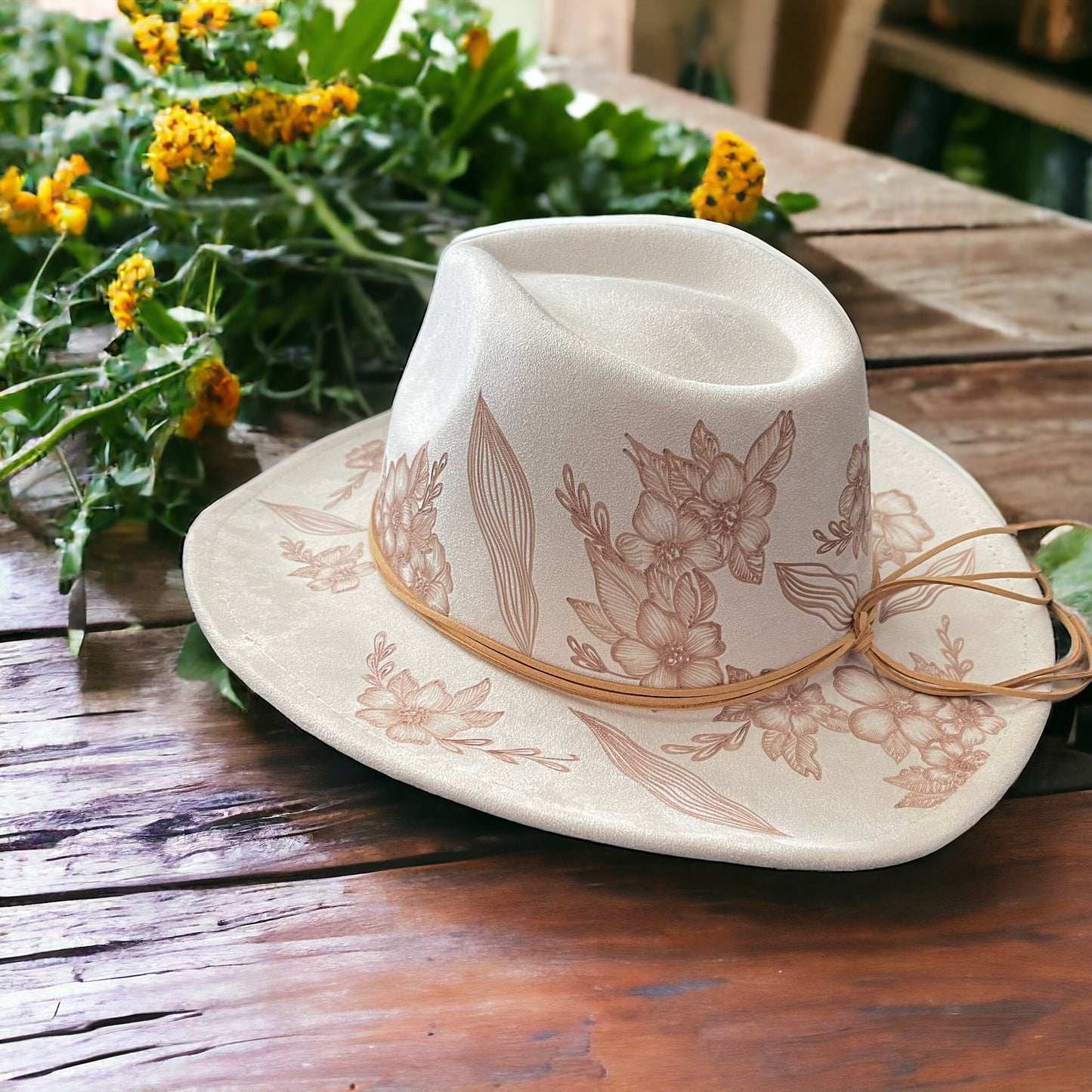 Petals on the Porch- Burned Small Brim Cowboy Style Hat