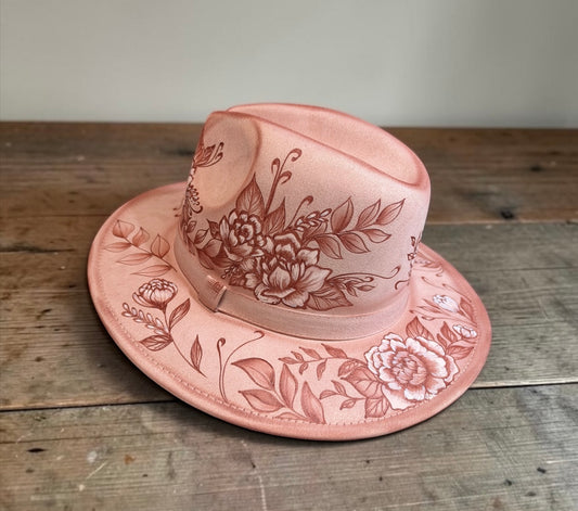 Peonies on Pink- Burned Small Brim Fedora