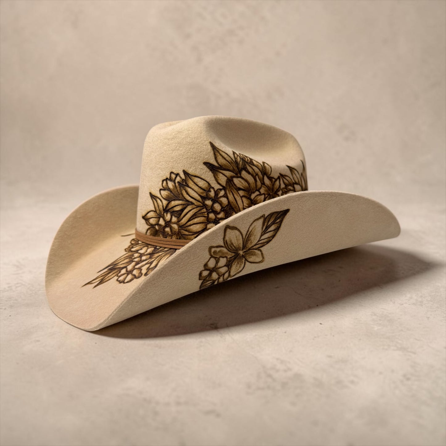 Lei Maile and Puakenikeni Mix- Burned Australian Wool Cowboy Hat