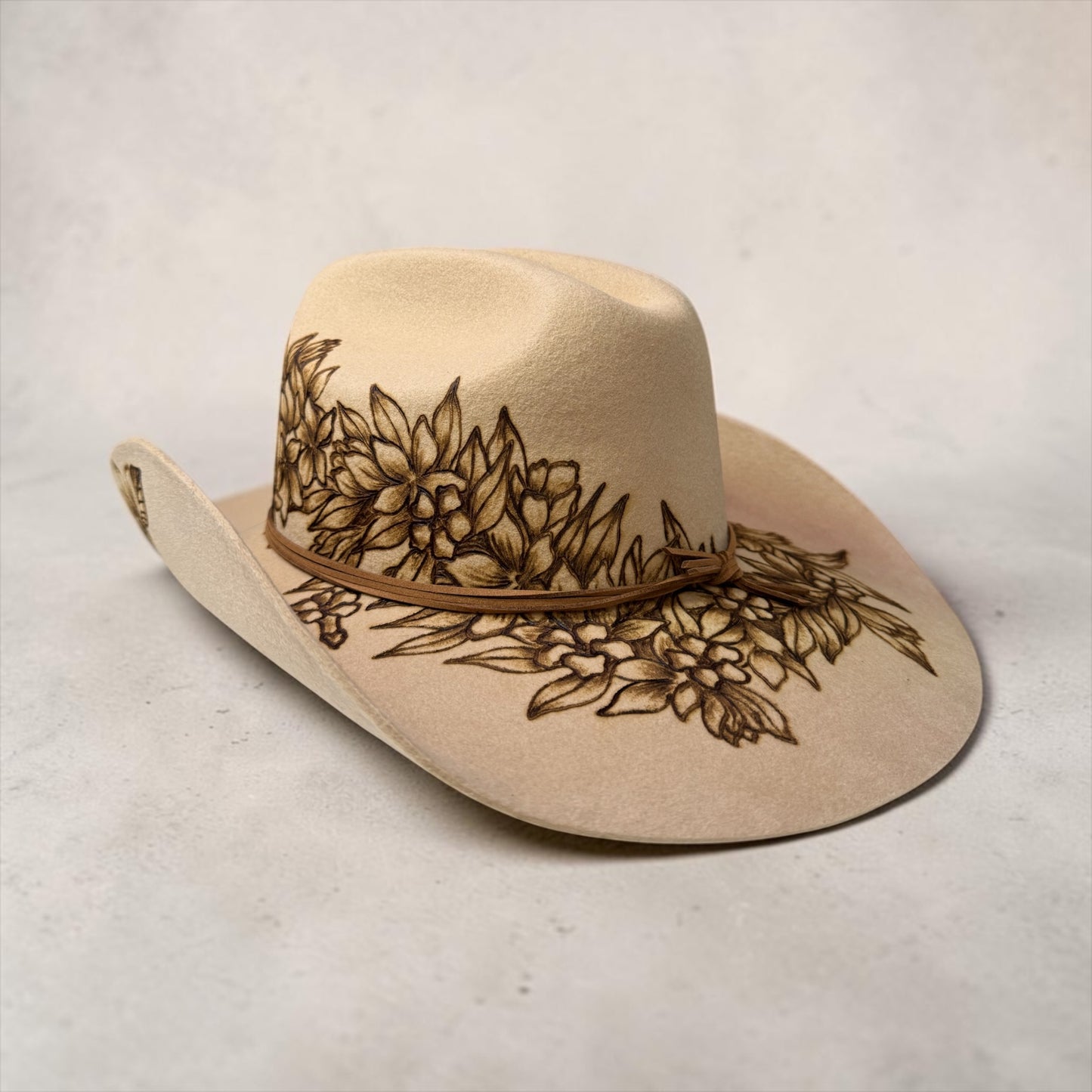 Lei Maile and Puakenikeni Mix- Burned Australian Wool Cowboy Hat