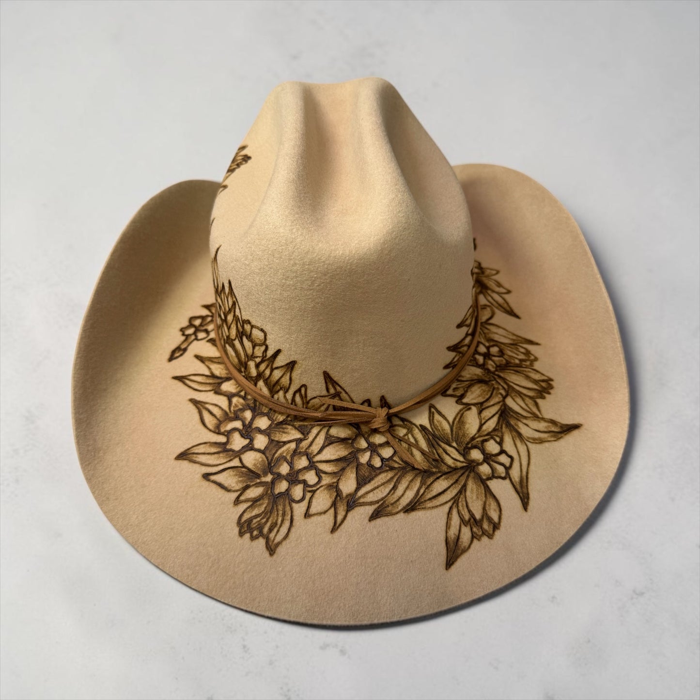 Lei Maile and Puakenikeni Mix- Burned Australian Wool Cowboy Hat