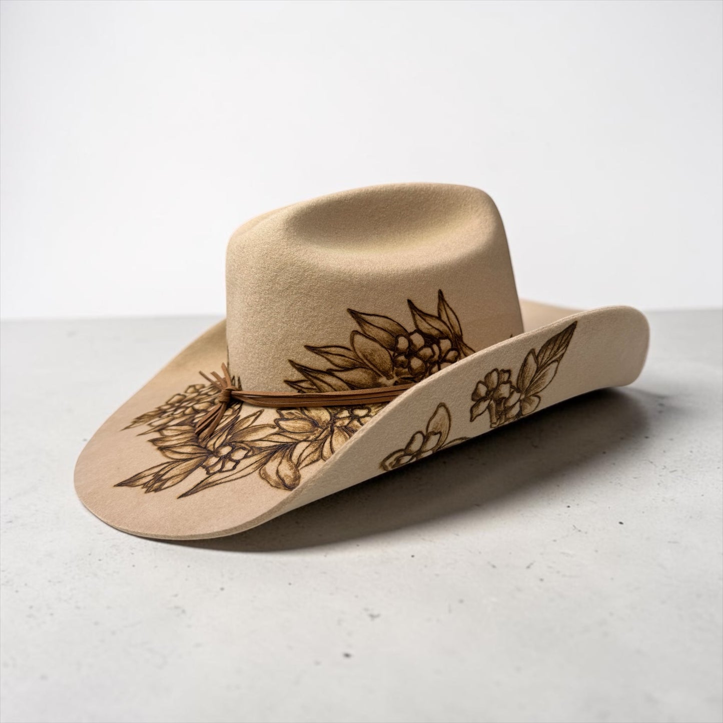 Lei Maile and Puakenikeni Mix- Burned Australian Wool Cowboy Hat