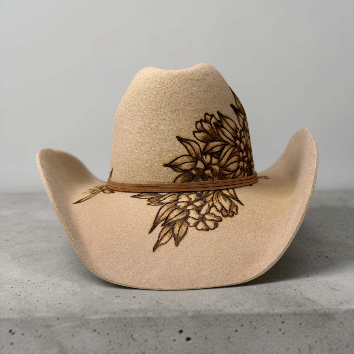 Lei Maile and Puakenikeni Mix- Burned Australian Wool Cowboy Hat
