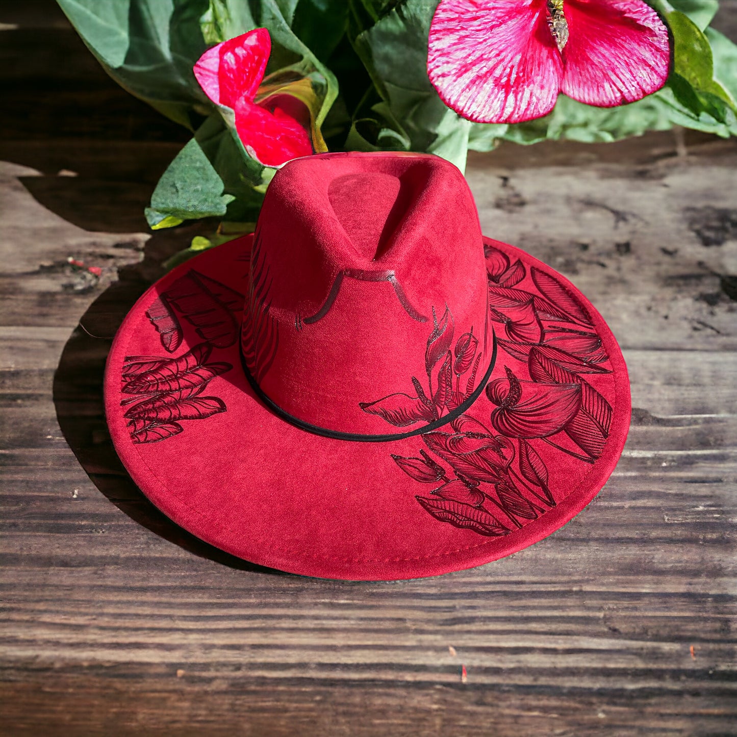 Flamingo Lily- Burned Wide Brim Hat