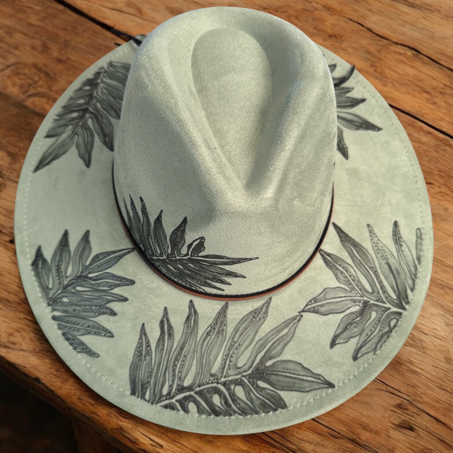 Laua’e Fern  - Burned Wide Brim Hat