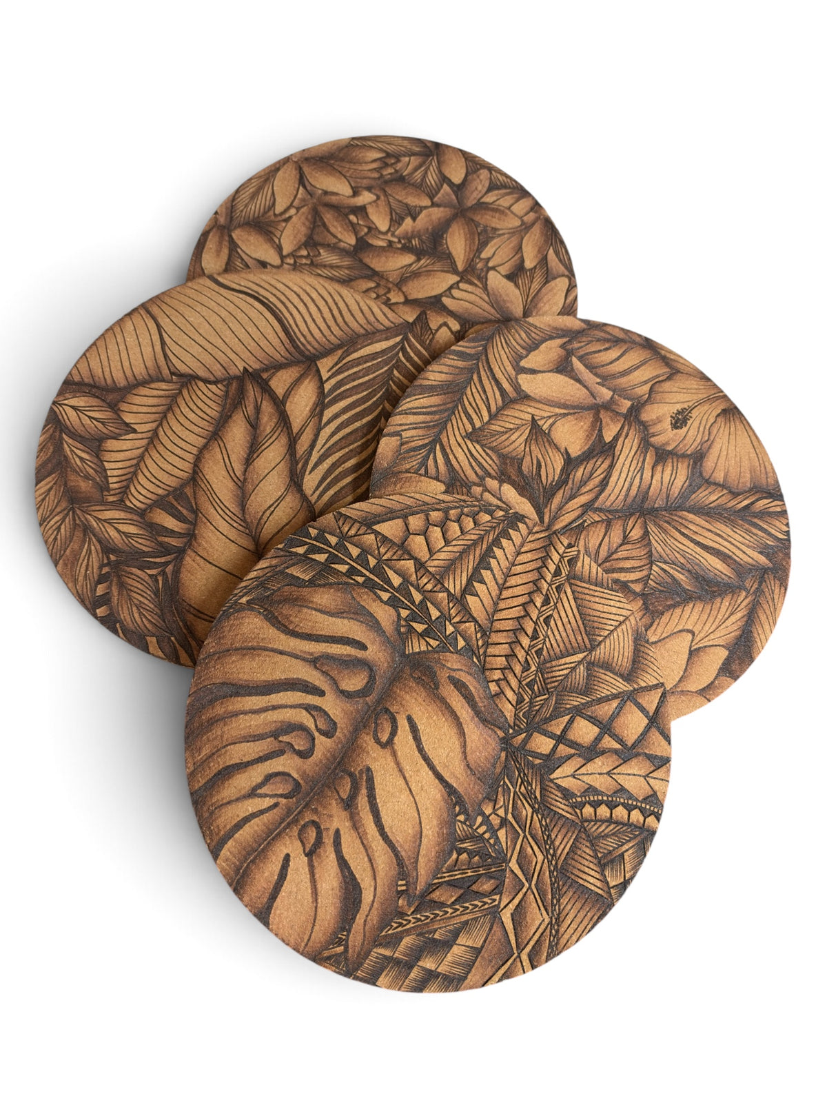 Tropics Trivet Set - Burned Cork Pot/Plant Plates
