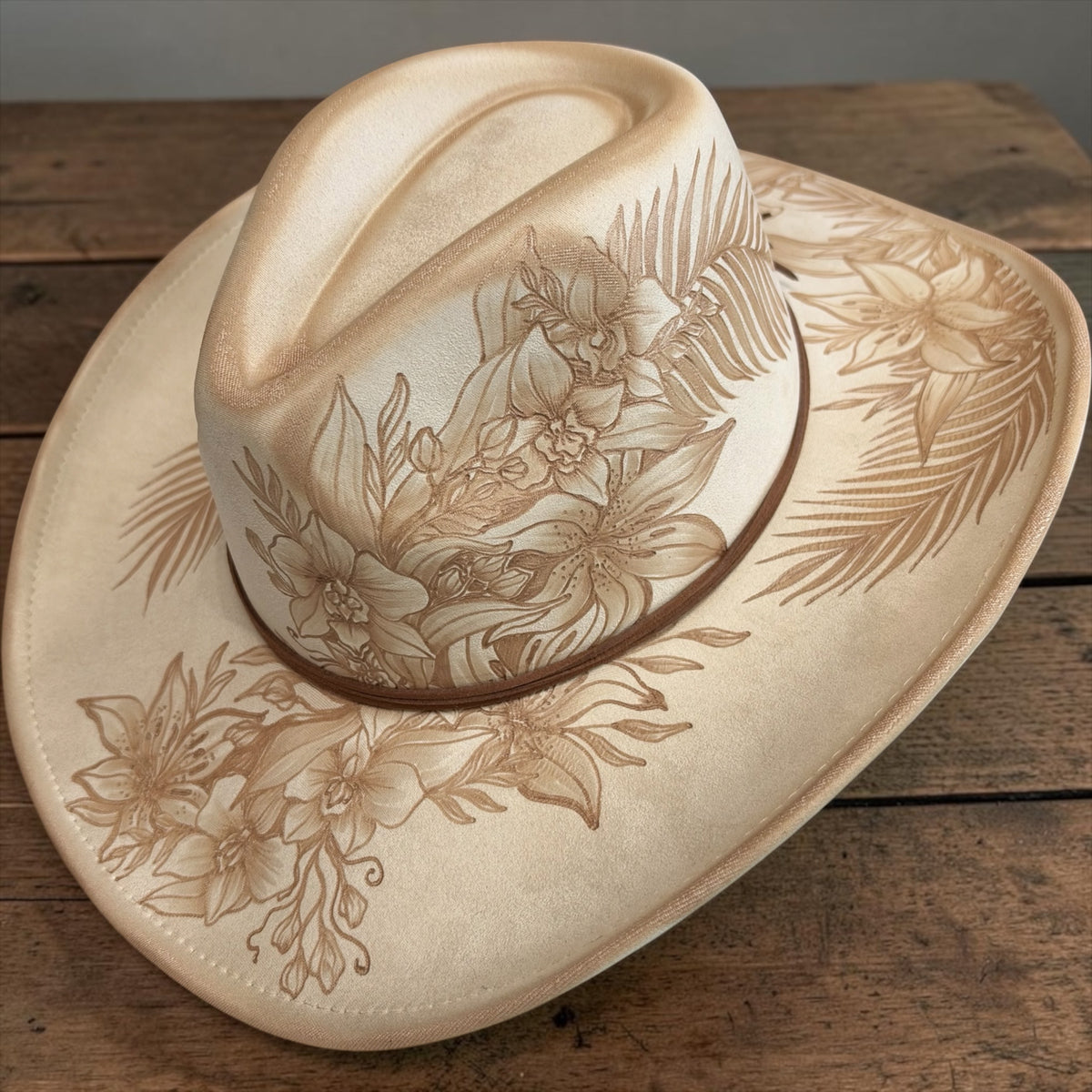 Orchids & Lilies - Burned Cowboy Hat