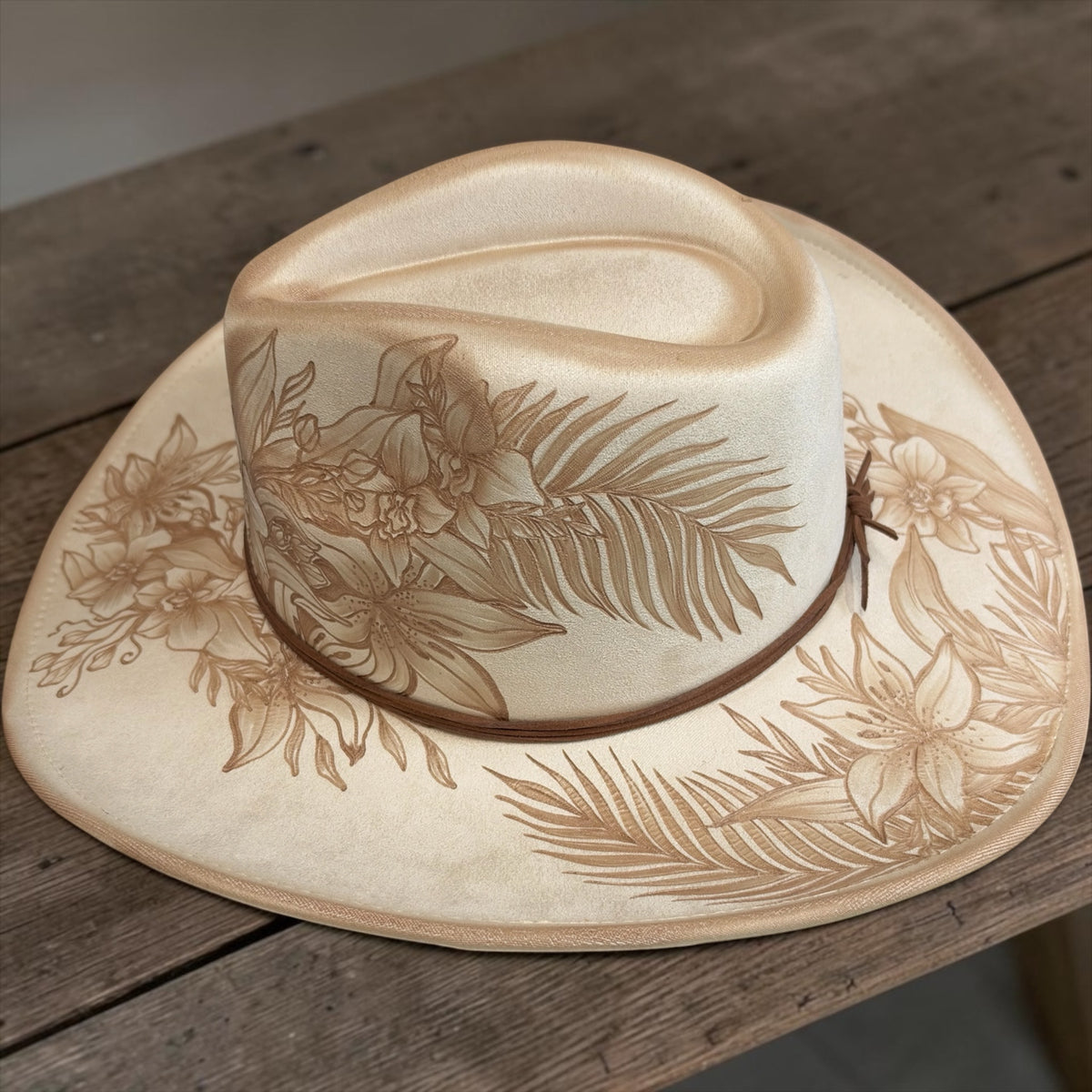 Orchids & Lilies - Burned Cowboy Hat