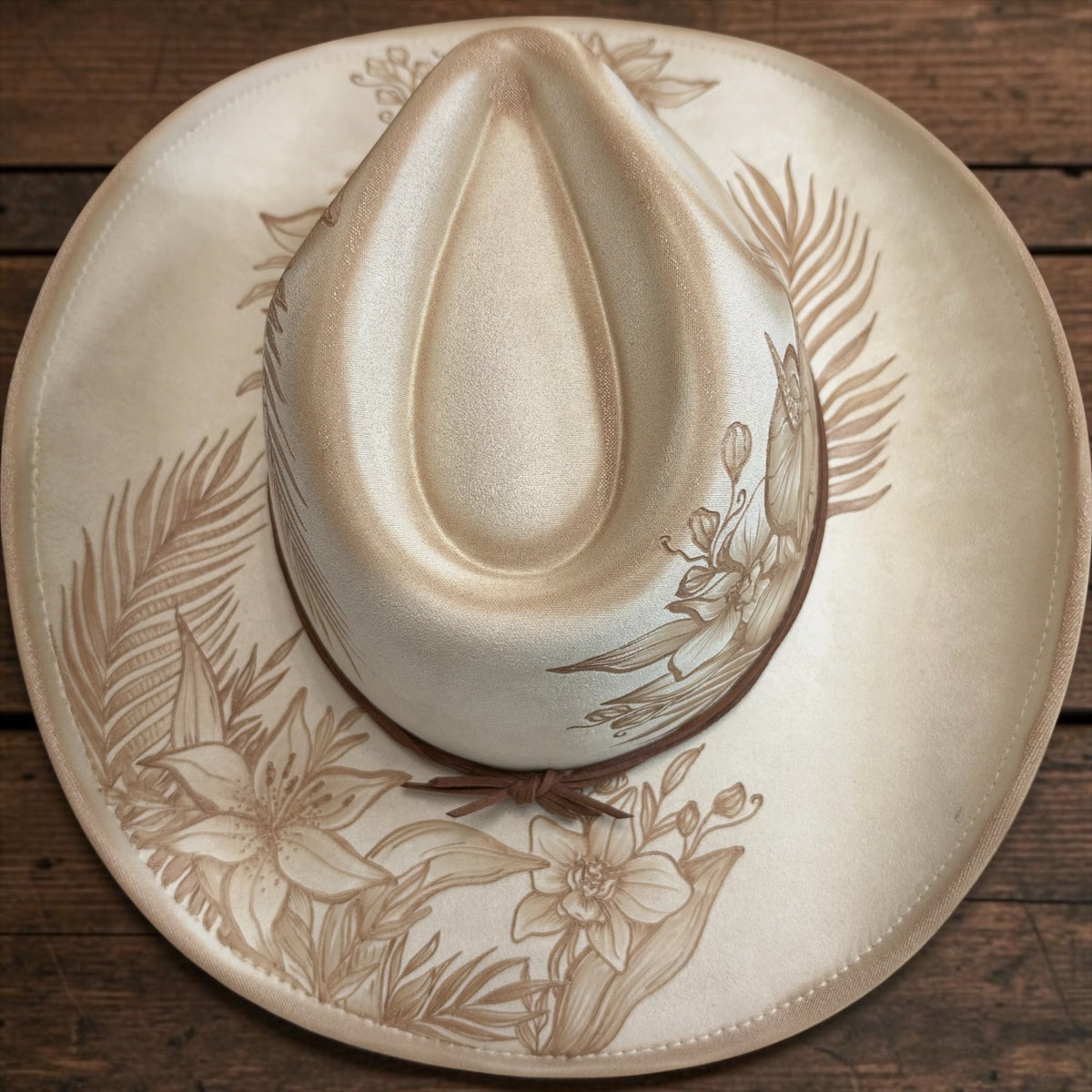 Orchids & Lilies - Burned Cowboy Hat