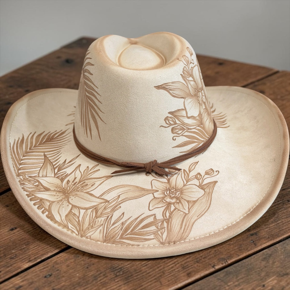 Orchids & Lilies - Burned Cowboy Hat