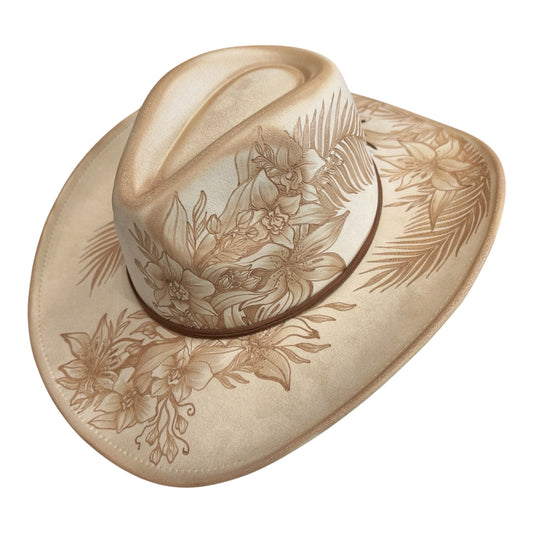 Orchids & Lilies - Burned Cowboy Hat