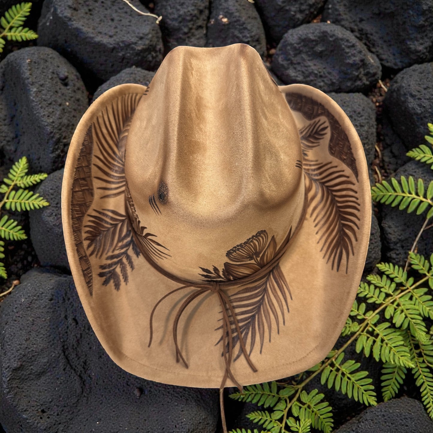 Ohia Lehua & Ferns - Burned Cattleman Cowboy Hat